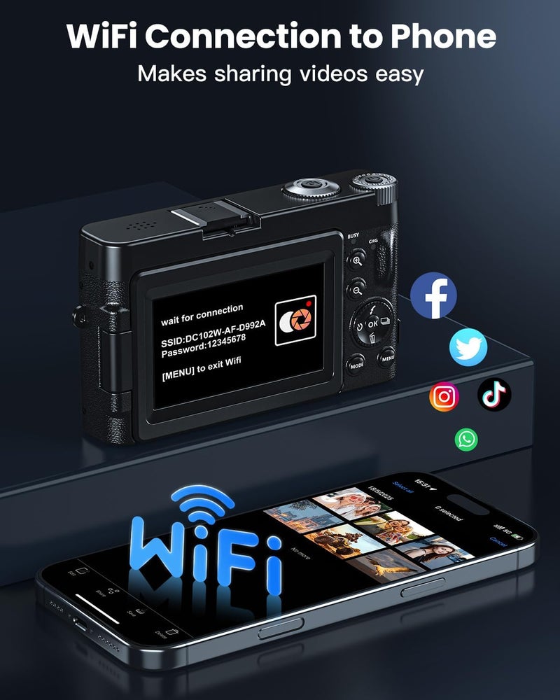 SIXTARY 4K Digital Camera for Photography, WiFi 64MP 180° Flip Screen 3" Autofocus Vlogging Camera for YouTube, 16X Zoom Compact Point and Shoot Cameras for Beginner with 32GB Card, 2 Batteries - Image 4